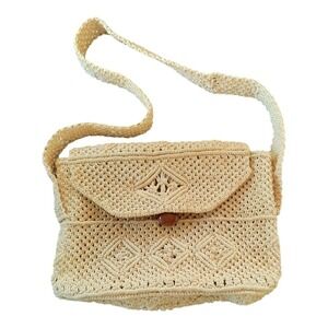 Vintage Retro Hippie Vibe Beige Macrame Shoulder Bag Purse Button Closure